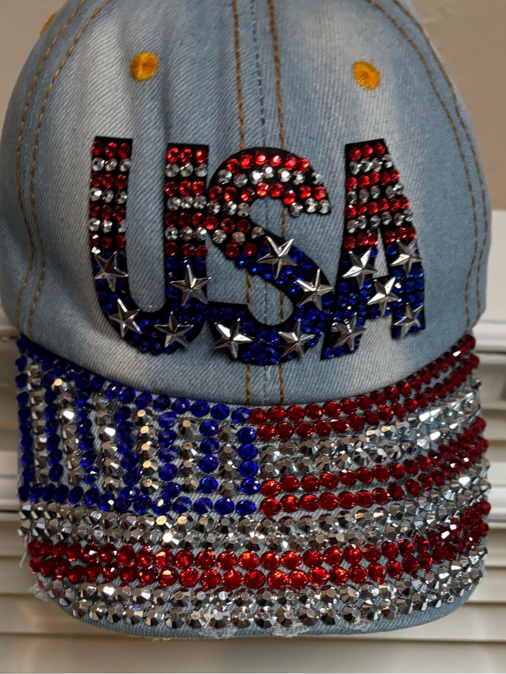 Rhinestone USA Bejeweled Denim Baseball Cap - Red, White & Blue - Picture 5 of 6